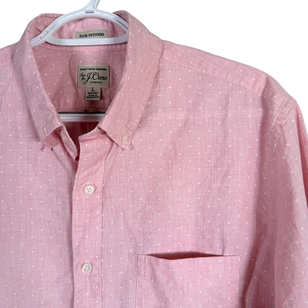 J.Crew Secret Wash Shirt Mens L Pink Polka Dot Slim Untucked Button Down